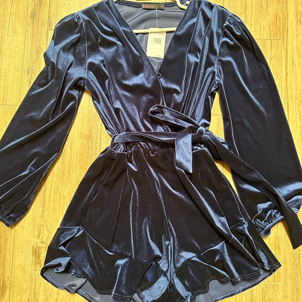 Velvet wrap tie romper in navy